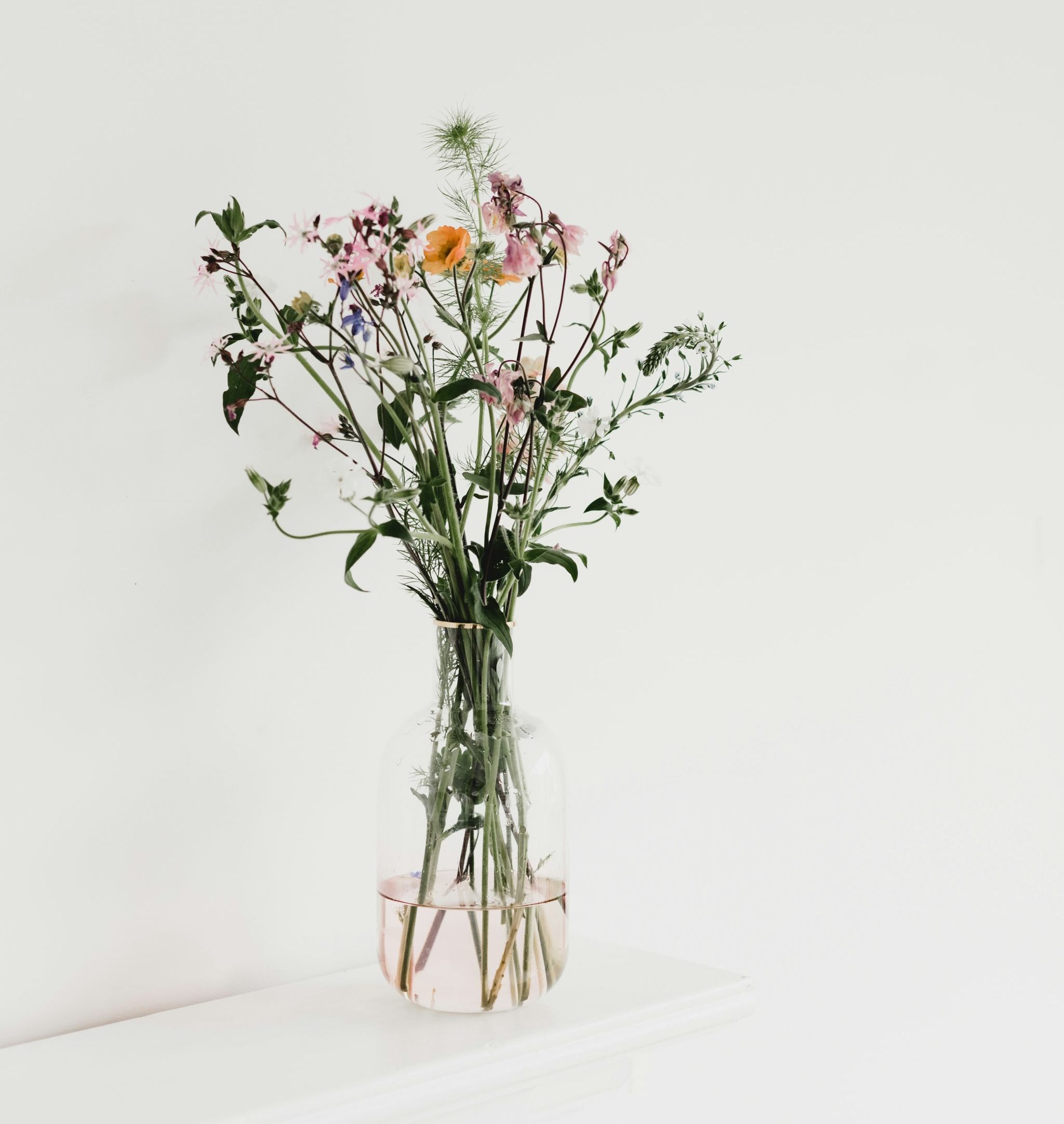 fresh flowers in hues of pink and sunset yellow and leaves in a vase filled with water on a white background. 