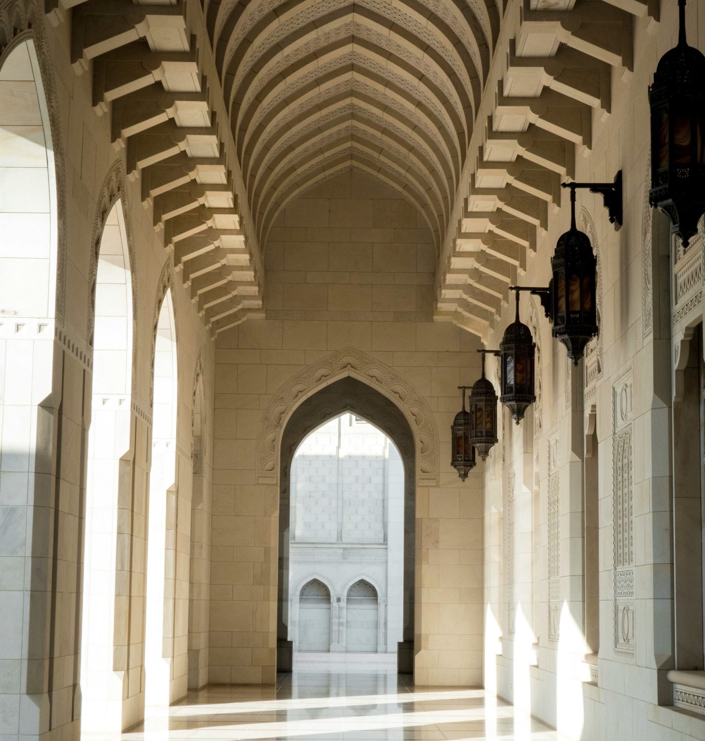 Interior corridor of the Sultan Qaboos Grand mosque in Oman. Showcasing how mosques need to be accessible for Muslims with disabilities