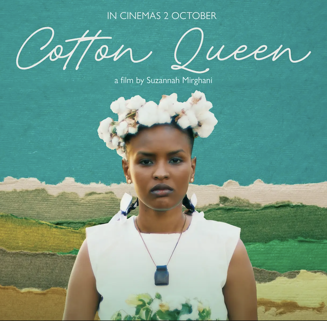 Film Poster of Cotton Queen, showing Mihad Murtada as the character Nafisa wearing a crown made of cotton flowers